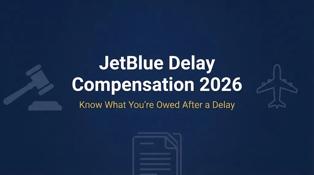 JetBlue delay compensation 2026 passenger rights banner with legal and travel symbols on navy background