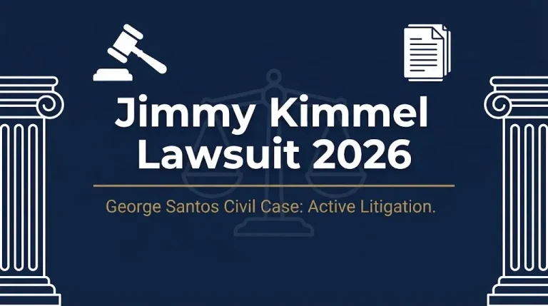 Jimmy Kimmel lawsuit 2026 banner with gavel, scales, and active litigation status.