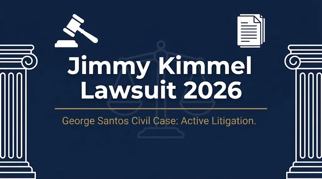 Jimmy Kimmel lawsuit 2026 banner with gavel, scales, and active litigation status.
