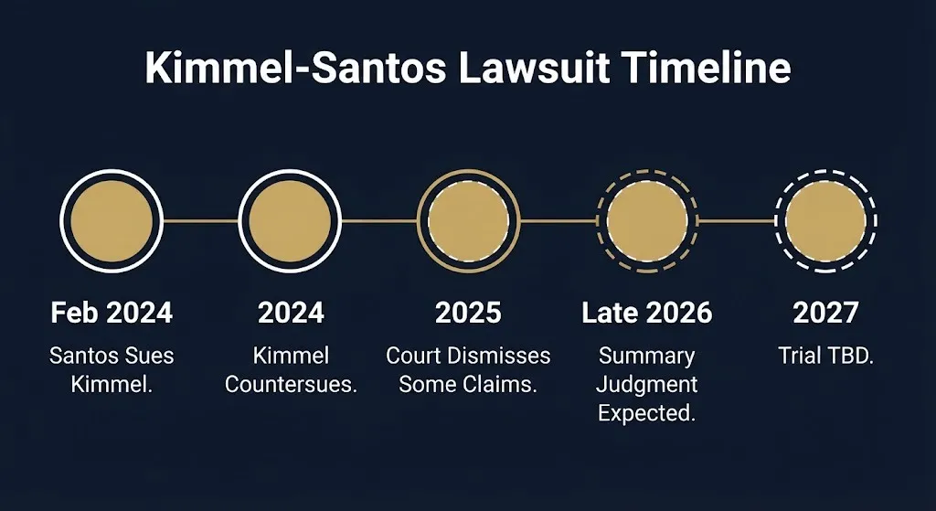 Jimmy Kimmel lawsuit timeline from 2024 filing through expected summary judgment and trial.