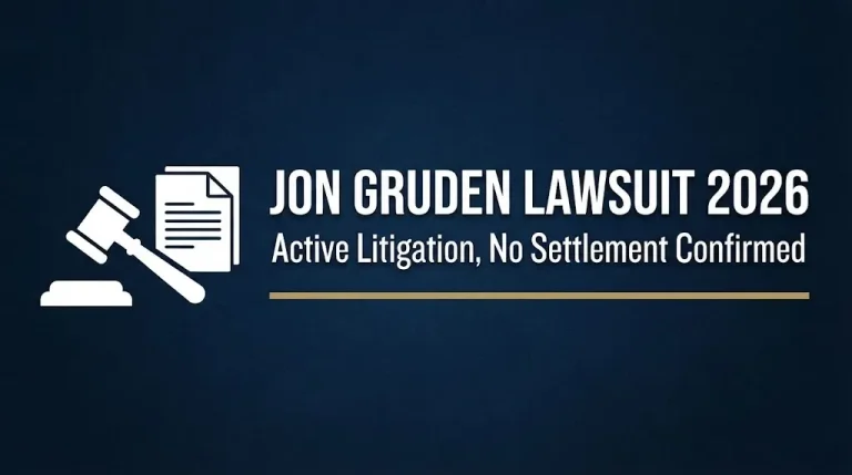 Jon Gruden lawsuit 2026 banner showing active litigation status with gavel and document icons on navy background.