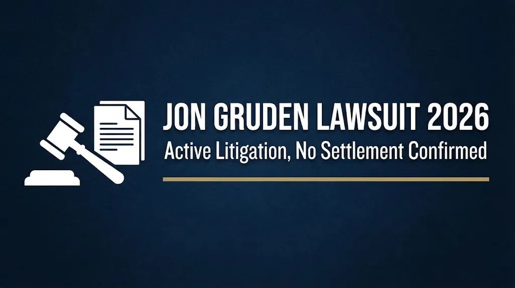 Jon Gruden lawsuit 2026 banner showing active litigation status with gavel and document icons on navy background.