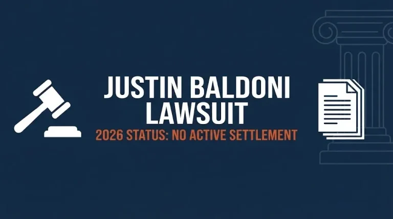 Justin Baldoni lawsuit 2026 status banner showing no active settlement exists for consumer claims.