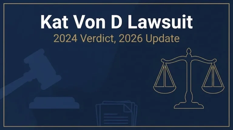 Kat Von D lawsuit 2026 status banner with legal symbols on navy background