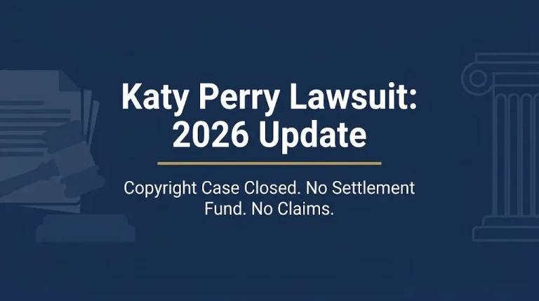Katy Perry lawsuit 2026 update banner showing the case is closed with no settlement fund.