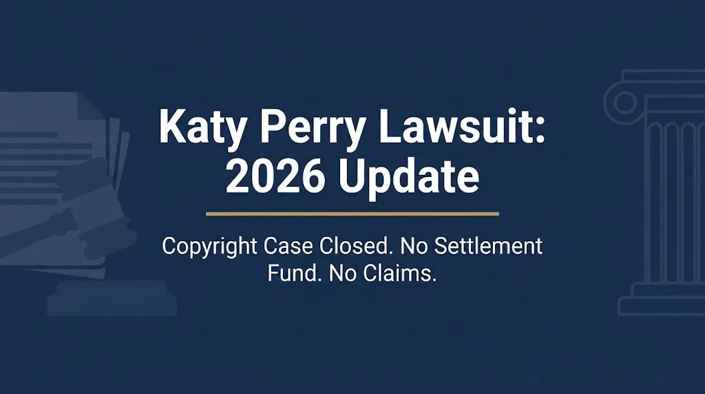Katy Perry lawsuit 2026 update banner showing the case is closed with no settlement fund.