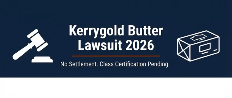 Kerrygold butter lawsuit 2026 banner showing no settlement status and pending class certification with legal symbols.