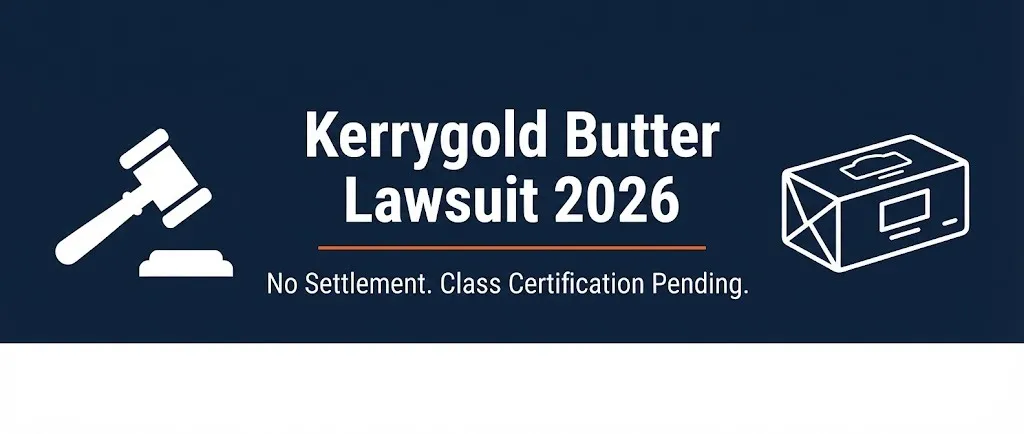 Kerrygold butter lawsuit 2026 banner showing no settlement status and pending class certification with legal symbols.
