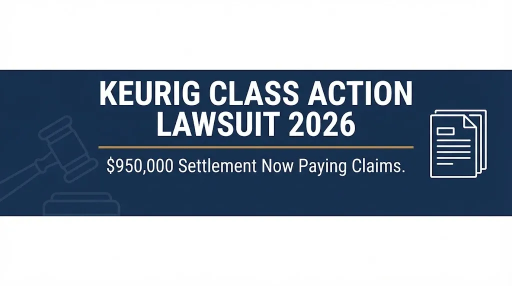 Keurig class action lawsuit 2026 banner showing the $950,000 K-Supreme settlement now paying claims.