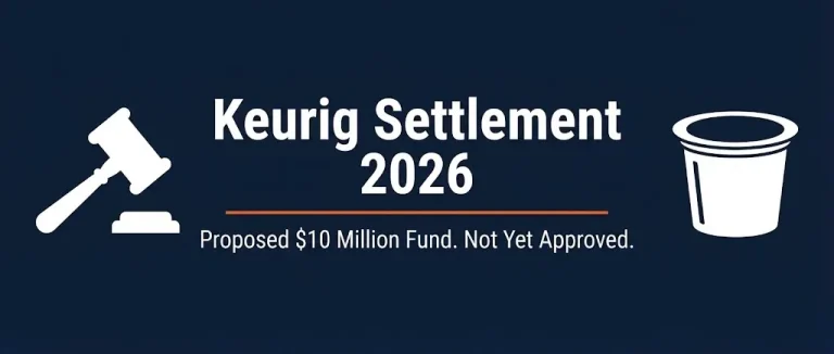 Keurig settlement 2026 banner showing proposed ten million dollar fund and not yet approved status with legal symbols.