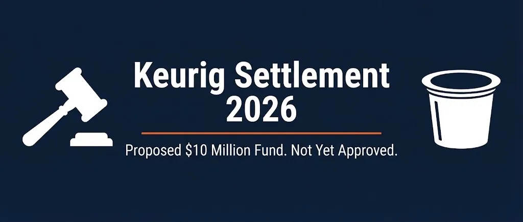 Keurig settlement 2026 banner showing proposed ten million dollar fund and not yet approved status with legal symbols.