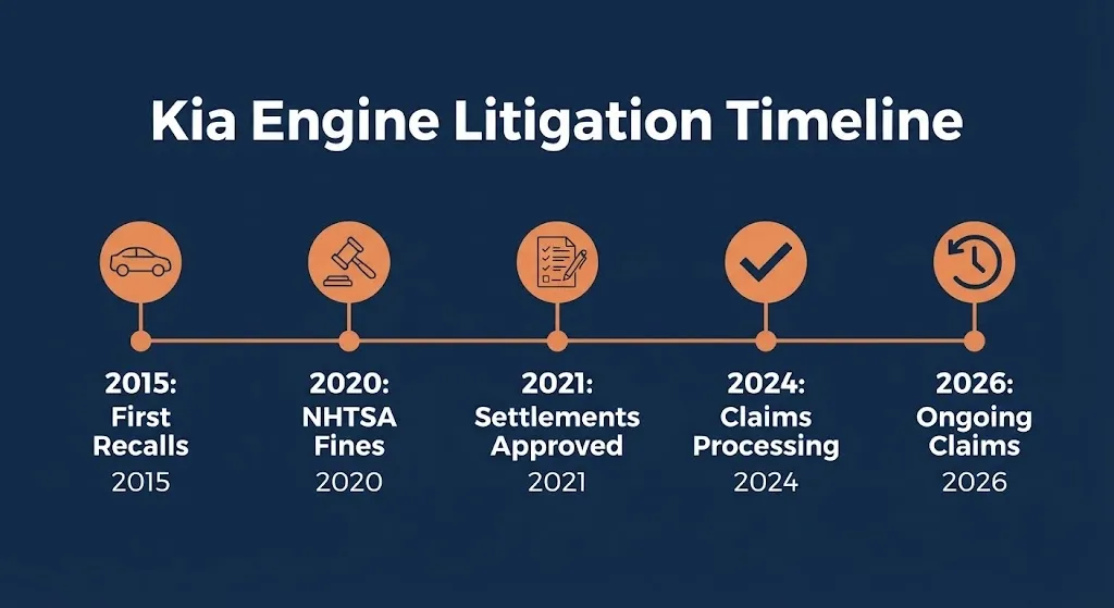 Kia engine litigation timeline graphic showing key dates from first recalls to ongoing claims processing.