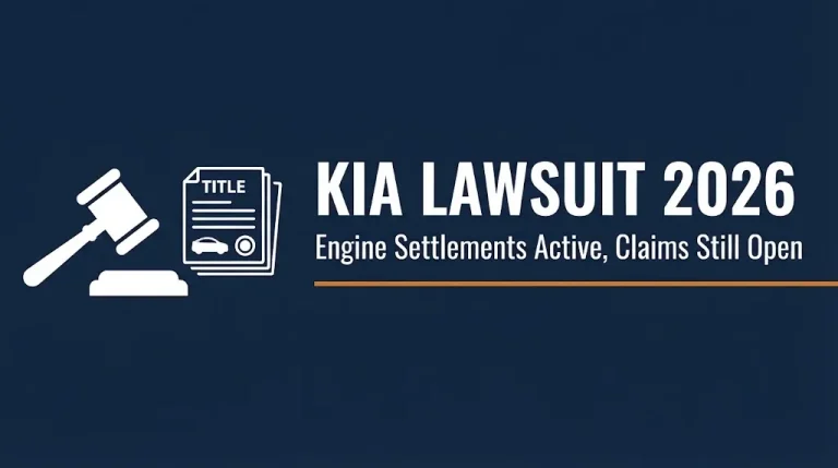 Kia lawsuit 2026 banner showing engine settlement status with gavel and car document icons on navy background.
