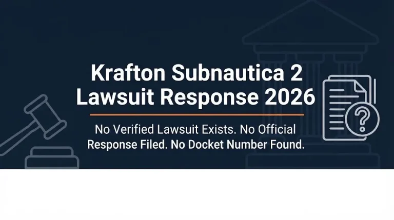 Krafton Subnautica 2 lawsuit response 2026 banner showing no verified lawsuit exists with gavel and question mark icons.