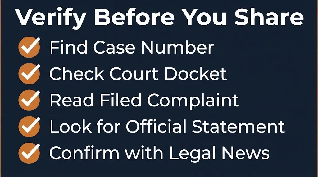 Lawsuit verification checklist showing case number, court docket, complaint, and official statement steps.