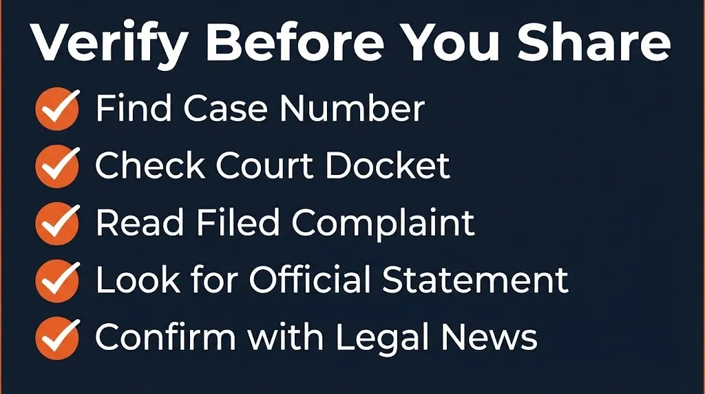 Lawsuit verification checklist showing case number, court docket, complaint, and official statement steps.