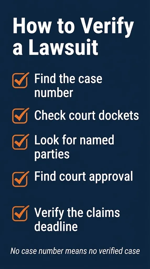 Lawsuit verification checklist showing how to check court dockets and find named parties before believing legal claims.