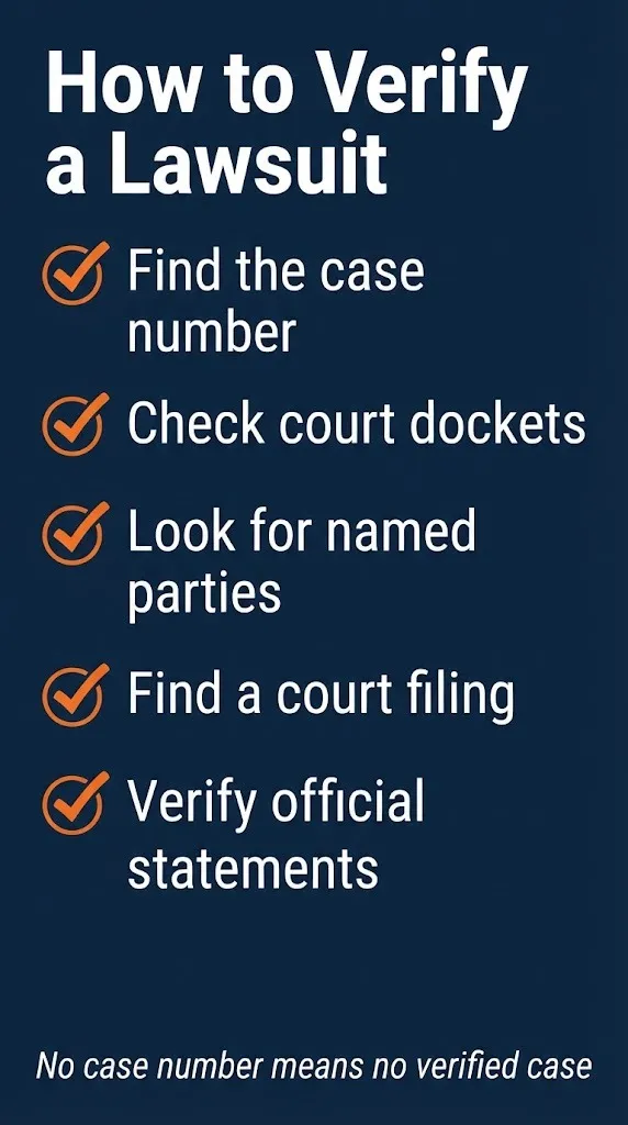 Lawsuit verification checklist showing how to check court dockets and find official statements before believing legal claims.