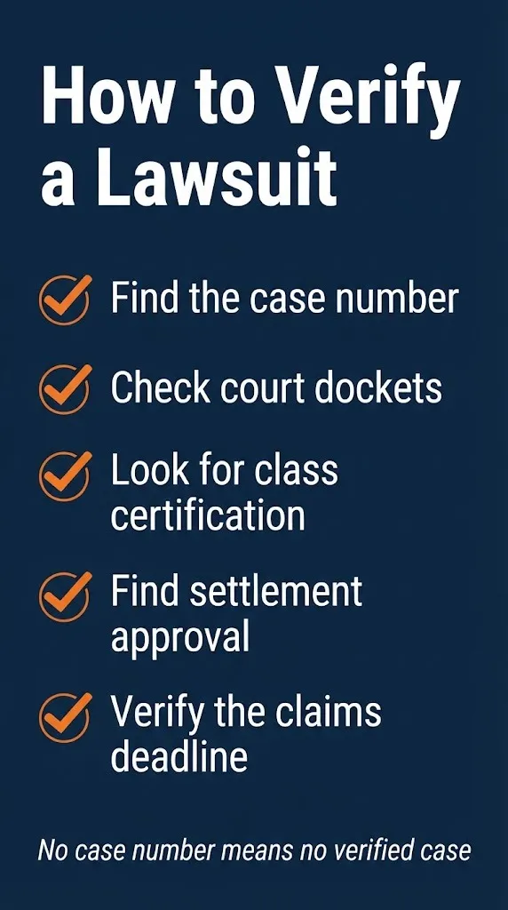 Lawsuit verification checklist showing how to check court dockets and find settlement approvals before filing claims.