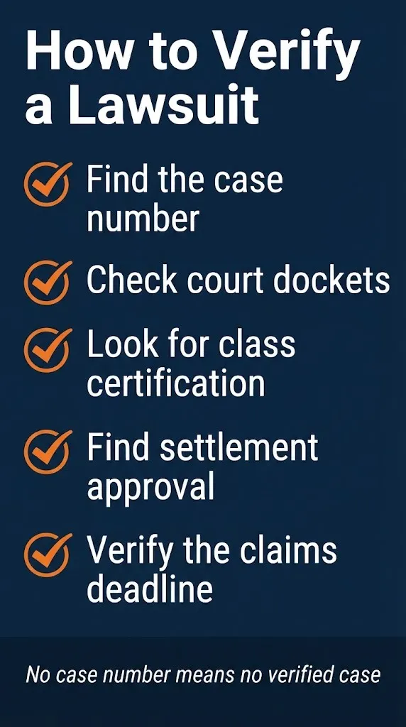 Lawsuit verification checklist showing how to check court dockets and find settlement approvals before filing claims.