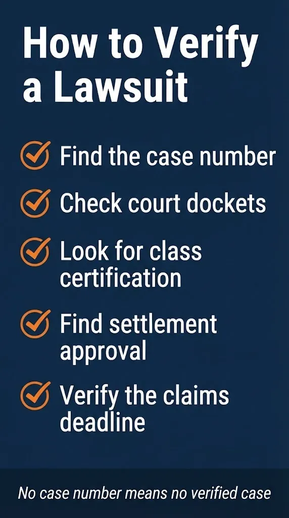 Lawsuit verification checklist showing how to check court dockets and find settlement approvals before filing claims.