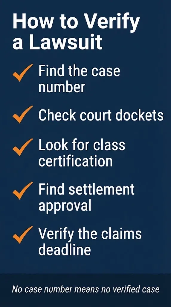 Lawsuit verification checklist showing how to check court dockets and find settlement approvals before filing claims.