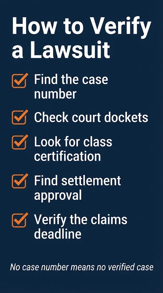 Lawsuit verification checklist showing how to check court dockets and find settlement approvals before filing claims.