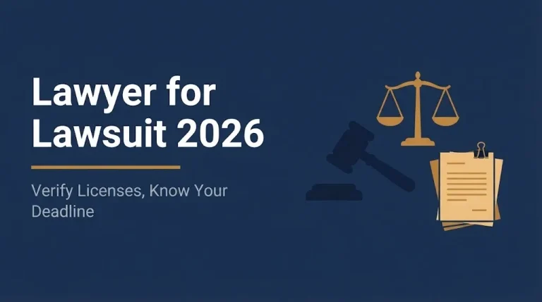 Lawyer for lawsuit 2026 banner showing license verification and deadline importance with legal icons.