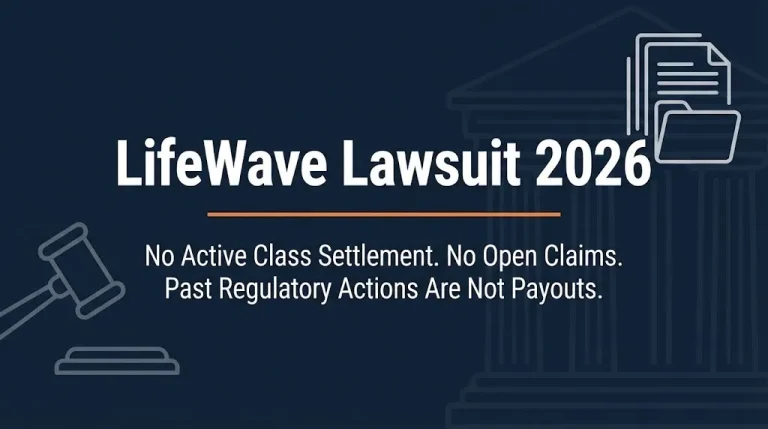 LifeWave lawsuit 2026 banner showing no active class settlement and no open claims with legal icons on navy background.