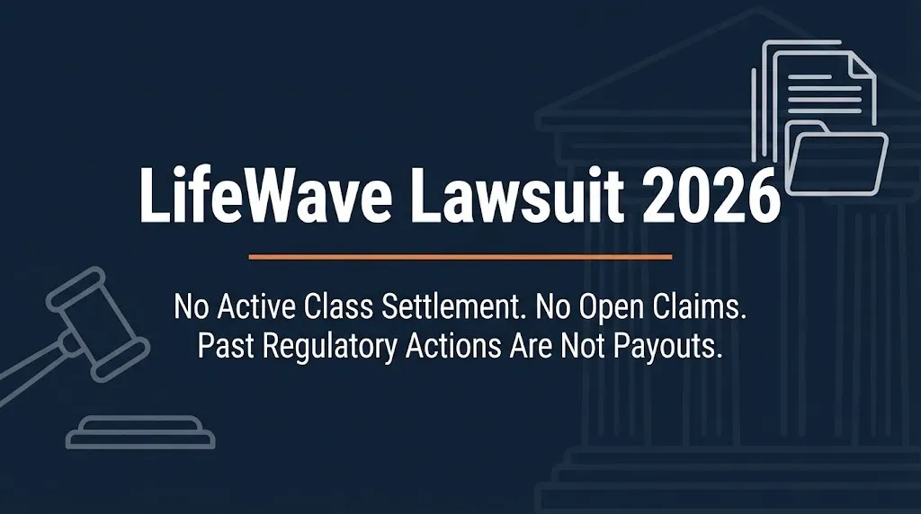 LifeWave lawsuit 2026 banner showing no active class settlement and no open claims with legal icons on navy background.
