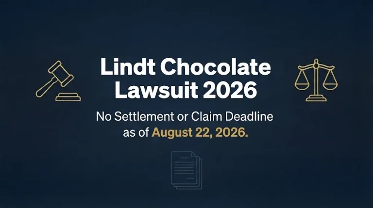 Lindt chocolate lawsuit 2026 status banner with legal symbols on navy background showing no settlement yet