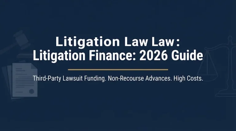 Litigation finance 2026 guide banner showing lawsuit funding is a non-recourse advance with high costs.