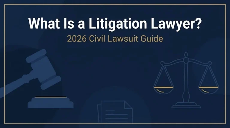 Litigation lawyer guide banner with gavel and scales on navy background, 2026 update
