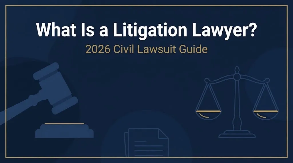 Litigation lawyer guide banner with gavel and scales on navy background, 2026 update
