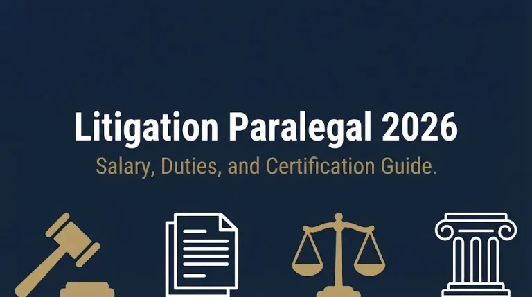 Litigation paralegal 2026 career guide banner with gavel and documents, showing salary and certification info.