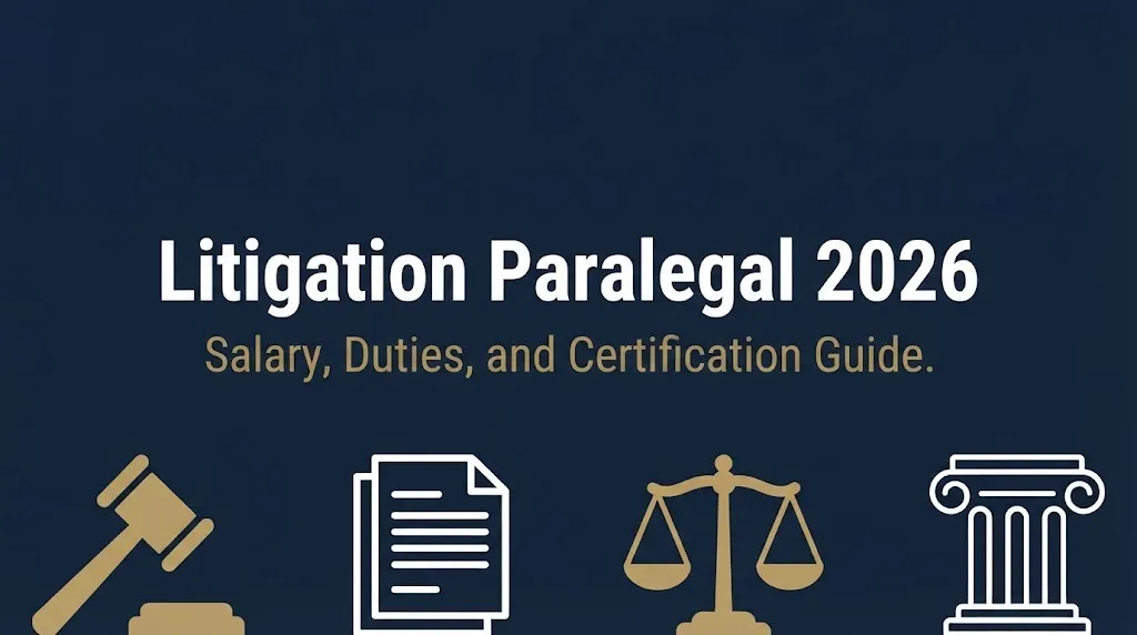 Litigation paralegal 2026 career guide banner with gavel and documents, showing salary and certification info.