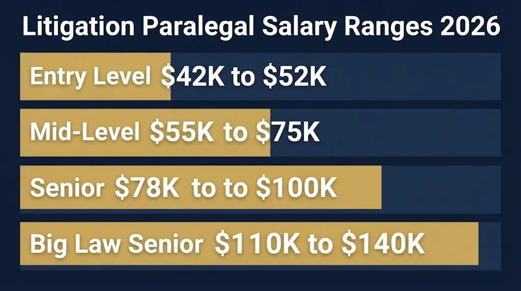 Litigation paralegal salary range chart for 2026 showing entry level to big law senior pay tiers.