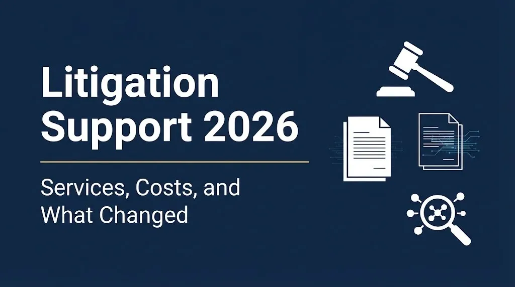 Litigation support 2026 hero banner showing services, costs, and industry changes with legal technology symbols.