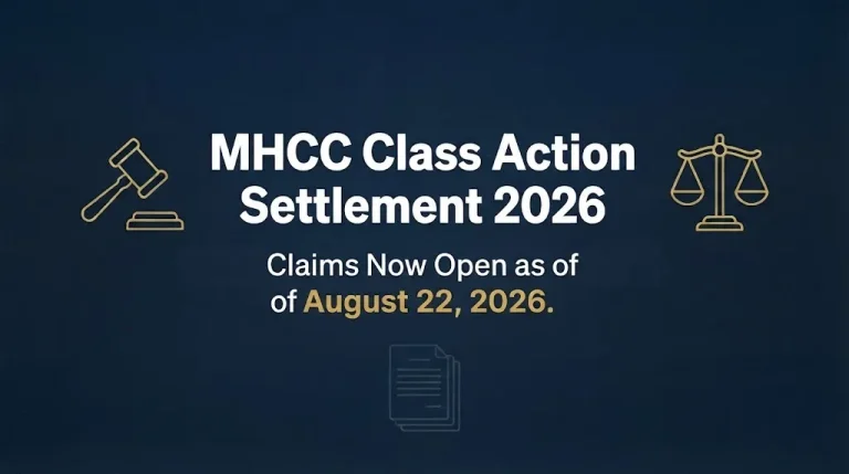 MHCC class action settlement 2026 claims open status banner with legal symbols on navy background