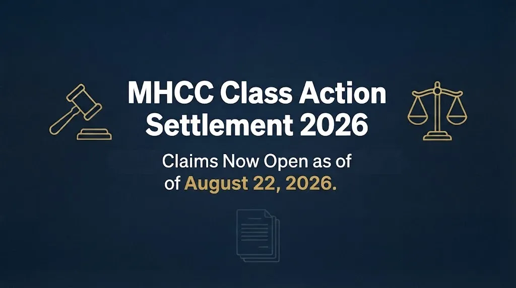 MHCC class action settlement 2026 claims open status banner with legal symbols on navy background