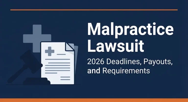 Malpractice lawsuit 2026 guide banner with gavel and medical cross illustration for filing claims.