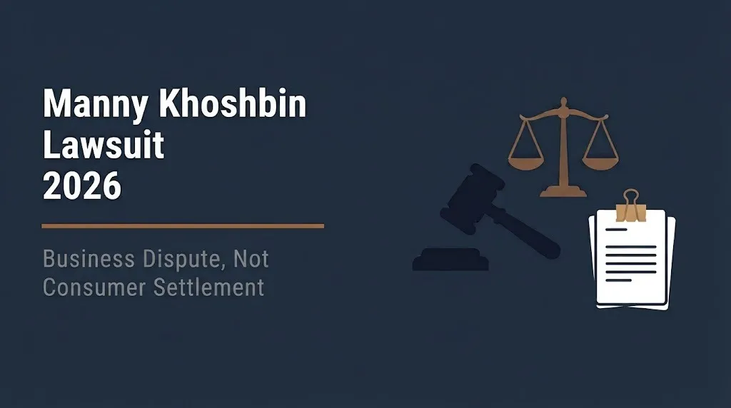 Manny Khoshbin lawsuit 2026 banner showing business dispute not consumer settlement with legal icons.
