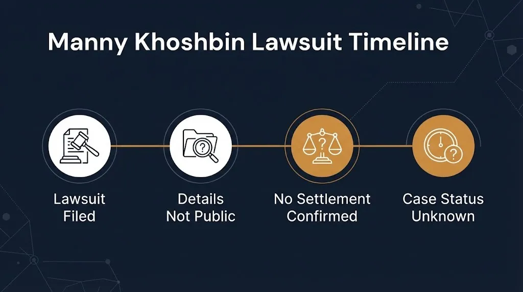 Manny Khoshbin lawsuit timeline showing filed case with no public settlement and unknown status.