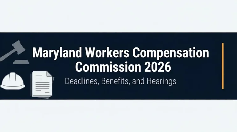 Maryland Workers Compensation Commission 2026 banner showing deadlines, benefits, and hearing information.