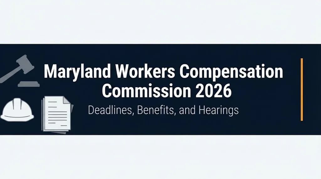 Maryland Workers Compensation Commission 2026 banner showing deadlines, benefits, and hearing information.