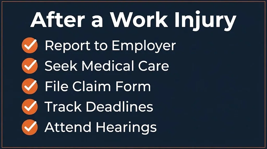 Maryland workers compensation checklist showing reporting, medical care, filing, and hearing steps.