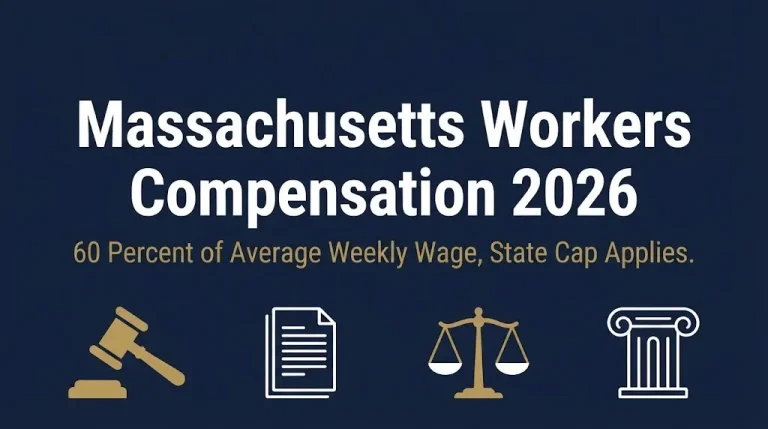 Massachusetts workers compensation 2026 banner with gavel and documents showing 60 percent benefit formula.