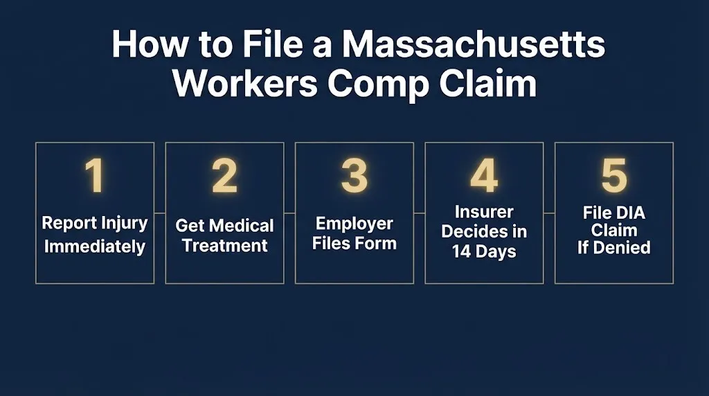 Massachusetts workers compensation claim steps showing five-step filing process for 2026.