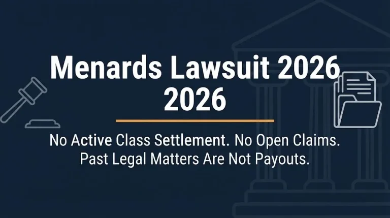 Menards lawsuit 2026 banner showing no active class settlement and no open claims with legal icons on navy background.