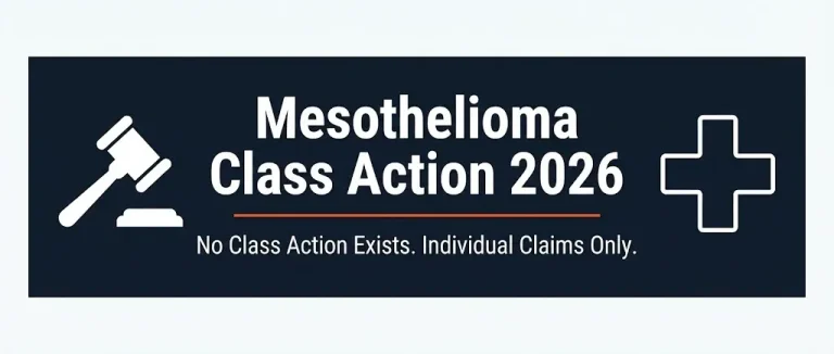 Mesothelioma class action lawsuit 2026 banner showing no class action exists and individual claims only with legal medical symbols.
